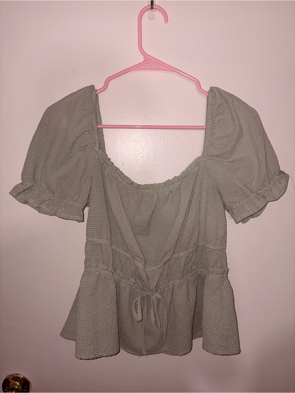 mine Sage Green Waffle Puff Sleeve Peplum Top